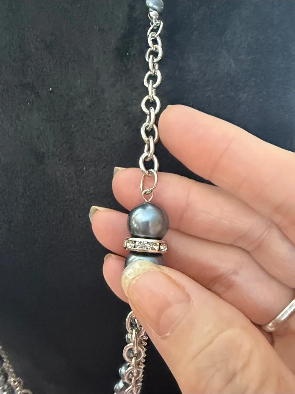 Layered Silver-Tone and Gunmetal Beaded Long Necklace